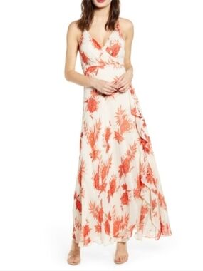 Astr Cream Maxi Dress with Coral Floral Motif
